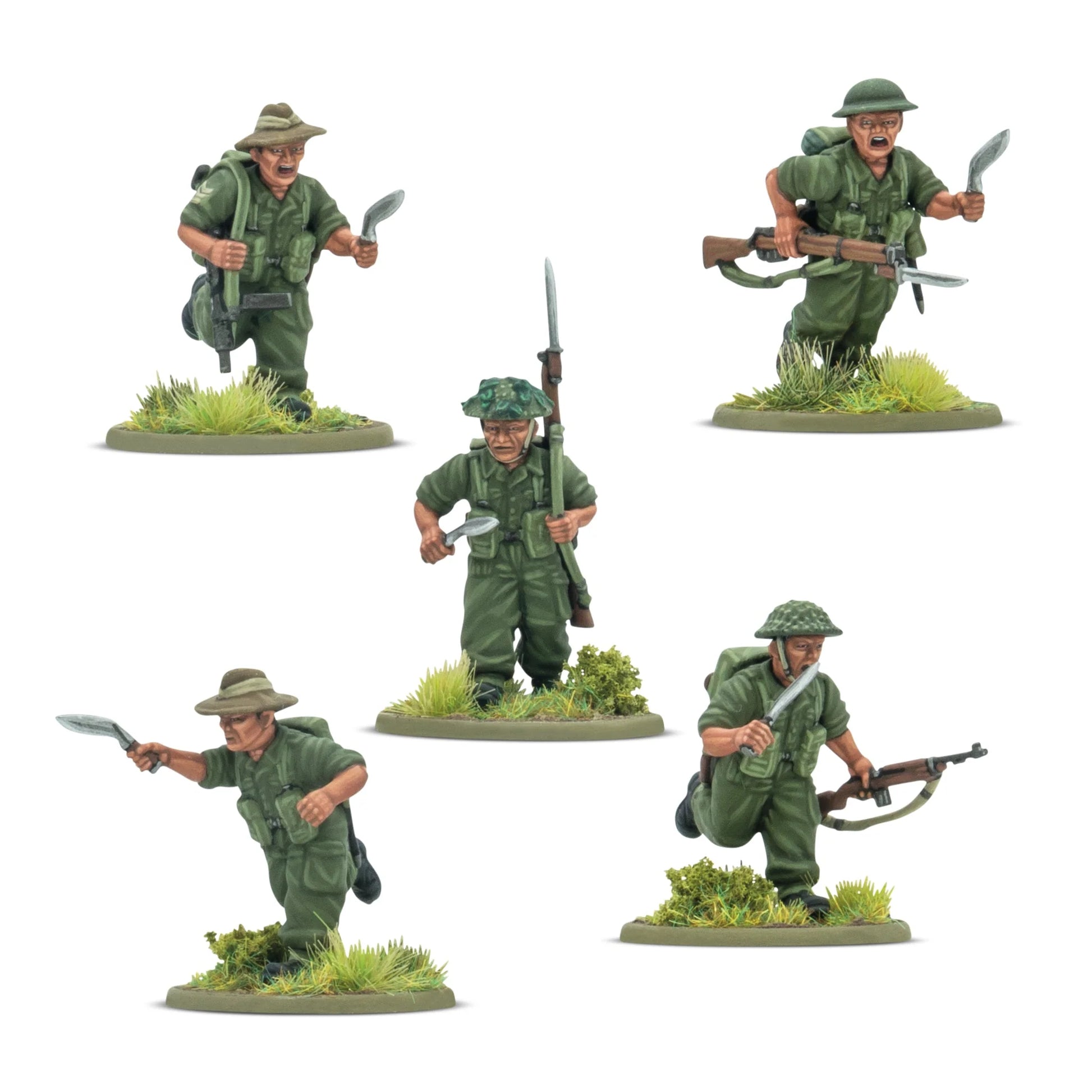 Warlord Games Gurkha Infantry Platoon – zbliżenie 5 figurek Gurków w szarży: dowódca z kukri i pistoletem, żołnierz z bagnetem i saperka, widok z przodu 28mm Bolt Action