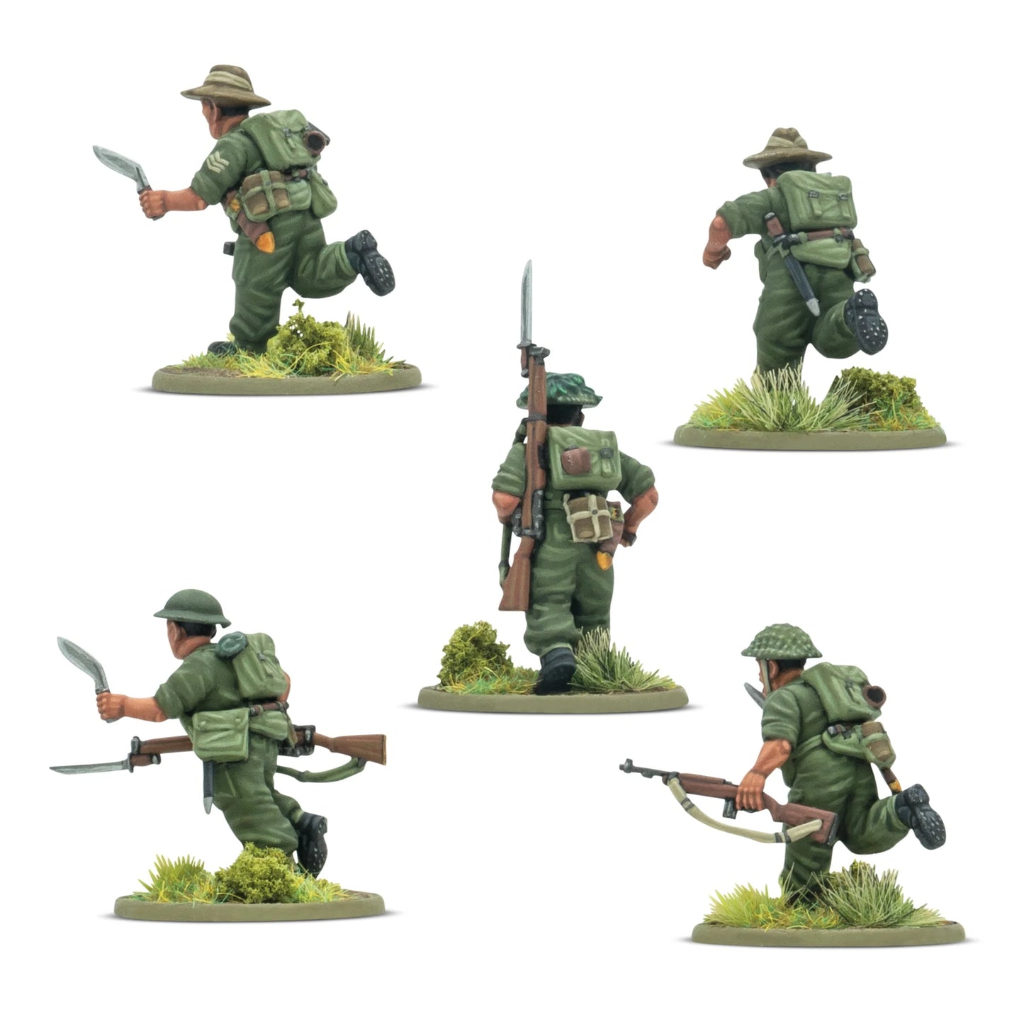 Warlord Games Gurkha Infantry Platoon – zbliżenie 5 figurek Gurków od tyłu: plecaki, ładownice i wyposażenie polowe w różnych pozach szarży 28mm Bolt Action