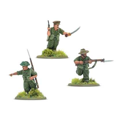 Warlord Games Gurkha Infantry Platoon – zbliżenie 6 figurek Gurków: dowódca z kukri i pistoletem, sierżant z bagnetem, strzelec klęczący z Lee-Enfield, celowniczy z PIAT, żołnierz z granatem i strzelec z Sten, widok z przodu 28mm Bolt Action
