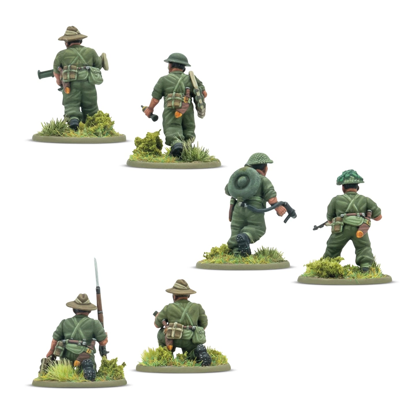 Warlord Games Gurkha Infantry Platoon – zbliżenie 6 figurek Gurków od tyłu: celowniczy z PIAT, żołnierz z granatem, miotacz ognia ze zbiornikiem, strzelec ze Stenem, strzelec z Lee-Enfield i ładowniczy klęczący 28mm Bolt Action