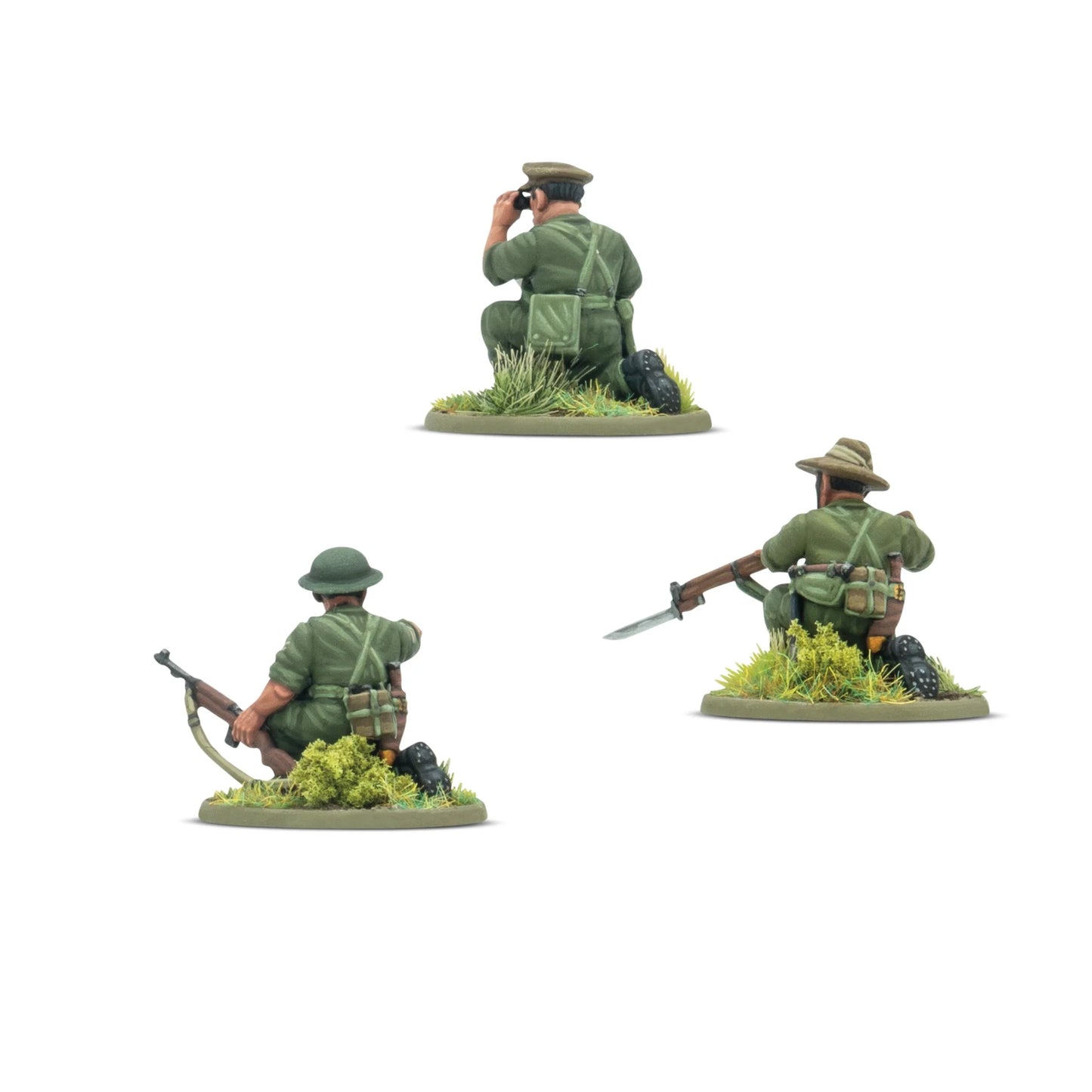 Warlord Games Gurkha Infantry Platoon – zbliżenie 3 figurek od tyłu: oficer klęczący z lornetką, sierżant w hełmie ze Stenem i strzelec klęczący z Lee-Enfield i bagnetem, detale wyposażenia 28mm Bolt Action
