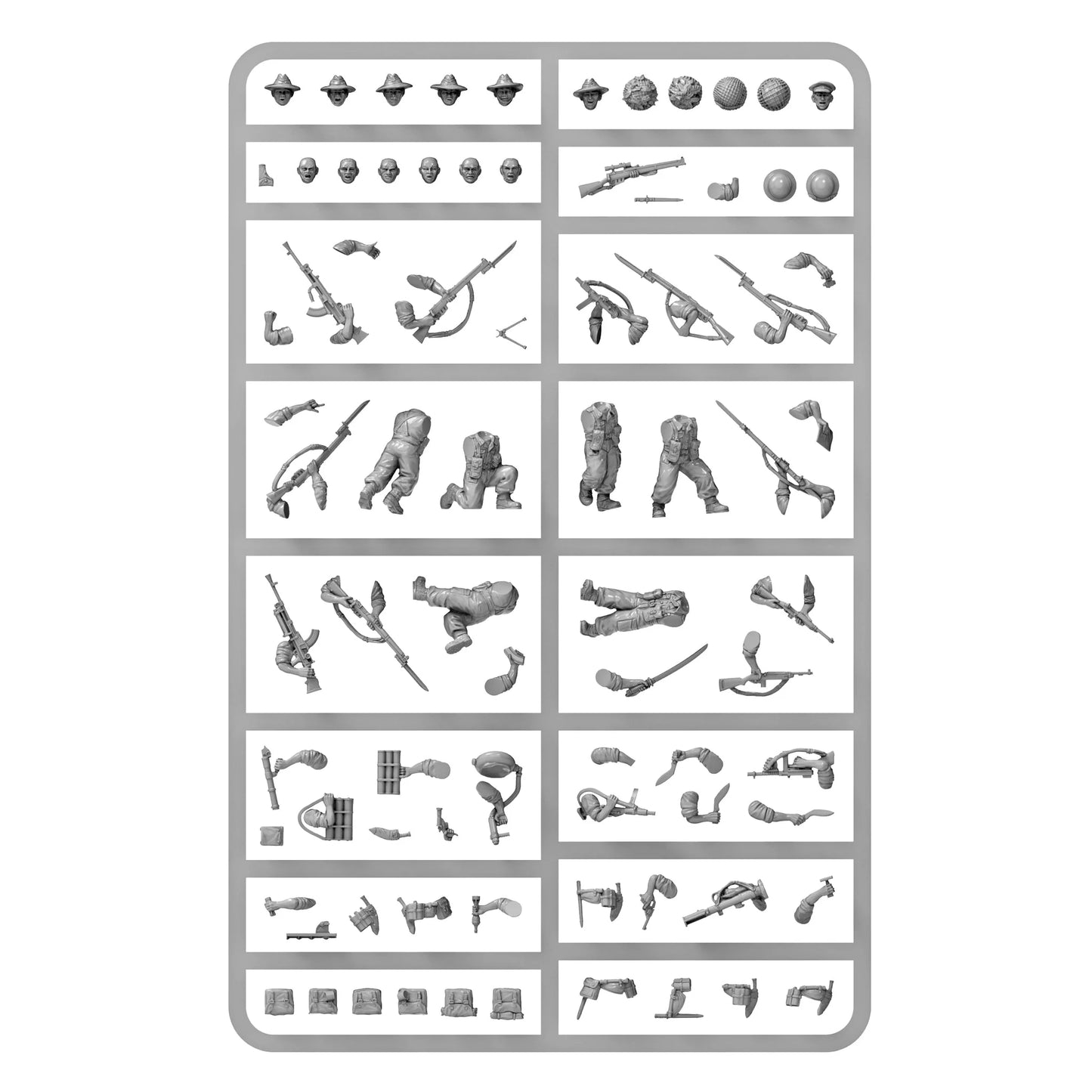 Warlord Games Gurkha Infantry Platoon – wypraska plastikowa z elementami: głowy w kapeluszach i hełmach, tułowie, nogi, ręce, karabiny Lee-Enfield, Sten, PIAT, noże kukri, miotacz ognia i akcesoria 28mm Bolt Action