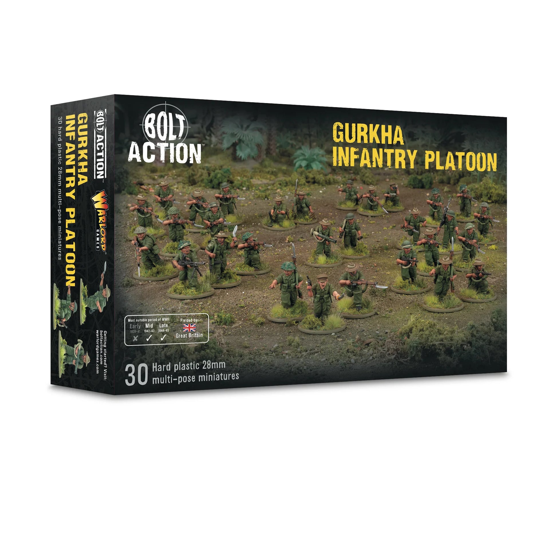 Warlord Games Gurkha Infantry Platoon – pudełko Bolt Action Gurkha Infantry Platoon z dioramą 30 figurek Gurków w dżungli, 30 hard plastic 28mm multi-pose miniatures, Warlord Games