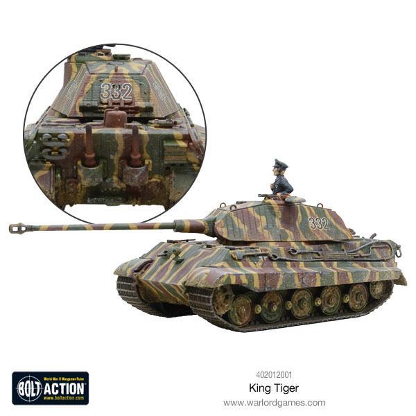 King Tiger - Bolt Action 1/56 28mm - czołg ciężki Tiger II w kamuflażu z dowódcą numer 332 - widok z przodu z detalem wieży - Warlord Games