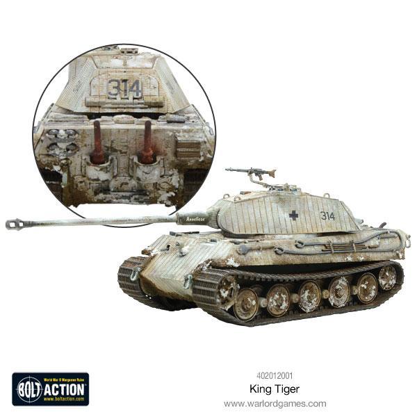 King Tiger - Bolt Action 1/56 28mm - czołg ciężki Tiger II w zimowym kamuflażu białym numer 314 - widok z tyłu z detalem silnika - Warlord Games