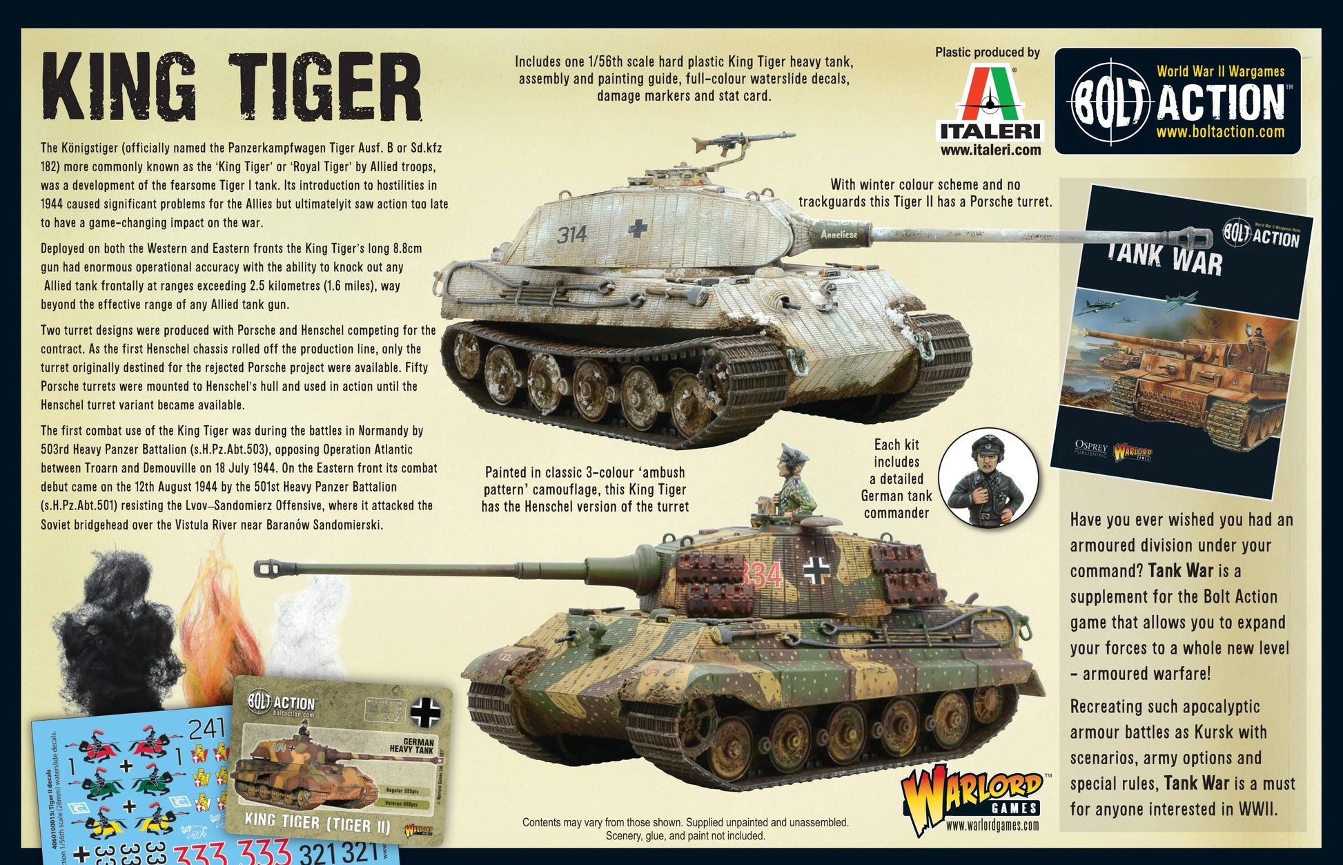 King Tiger - Bolt Action 1/56 28mm - tył opakowania z informacjami o wieżach Henschel Porsche historii i Tank War - Warlord Games