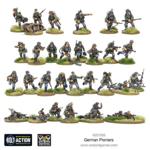 German Pioneers - Bolt Action 28mm - kompletny oddział 31 figurek z wyposażeniem inżynierskim na podstawkach - widok całości - Warlord Games
