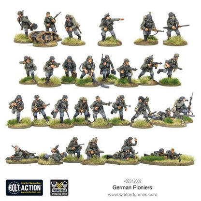 German Pioneers - Bolt Action 28mm - kompletny oddział 31 figurek z wyposażeniem inżynierskim na podstawkach - widok całości - Warlord Games