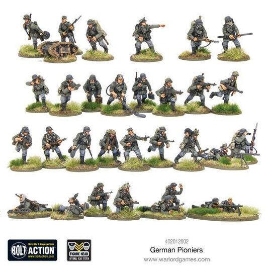 German Pioneers - Bolt Action 28mm - kompletny oddział 31 figurek z wyposażeniem inżynierskim na podstawkach - widok całości - Warlord Games