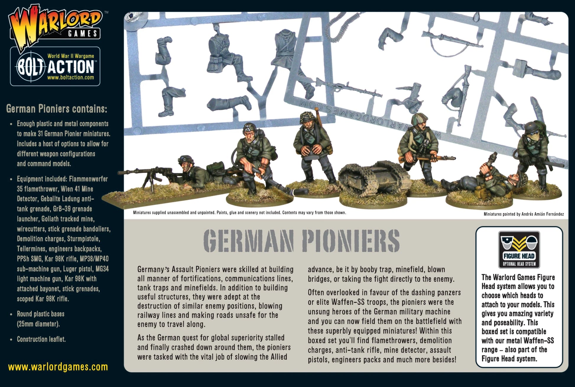 German Pioneers - Bolt Action 28mm - tył opakowania z wyposażeniem Flammenwerfer Goliath wykrywacz min - pudełko - Warlord Games