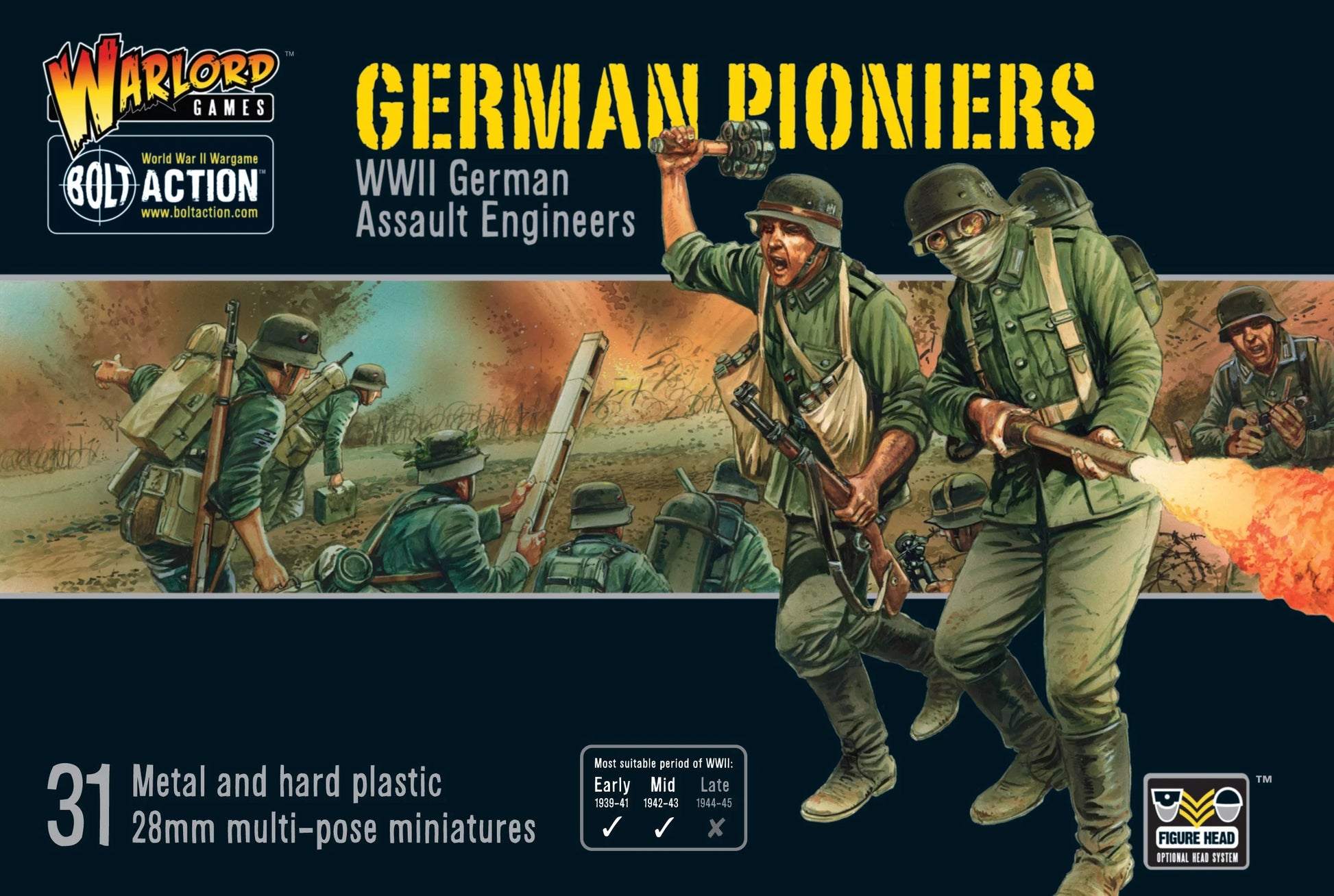 German Pioneers - Bolt Action 28mm - przód opakowania z ilustracją Assault Engineers z miotaczem ognia - 31 figurek - Warlord Games