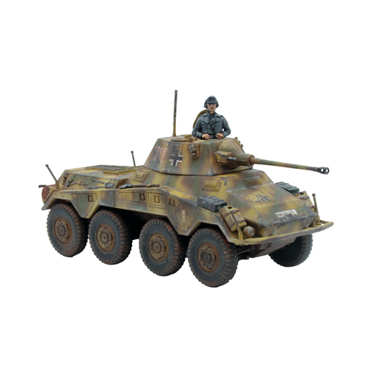 Puma Sd.Kfz 234/2 Armoured Car - Bolt Action 28mm - niemiecki samochód pancerny z zamkniętą wieżą i działkiem 5cm - kamuflaż trójkolorowy Front Wschodni - widok z przodu - skala 1/56 - Warlord Games