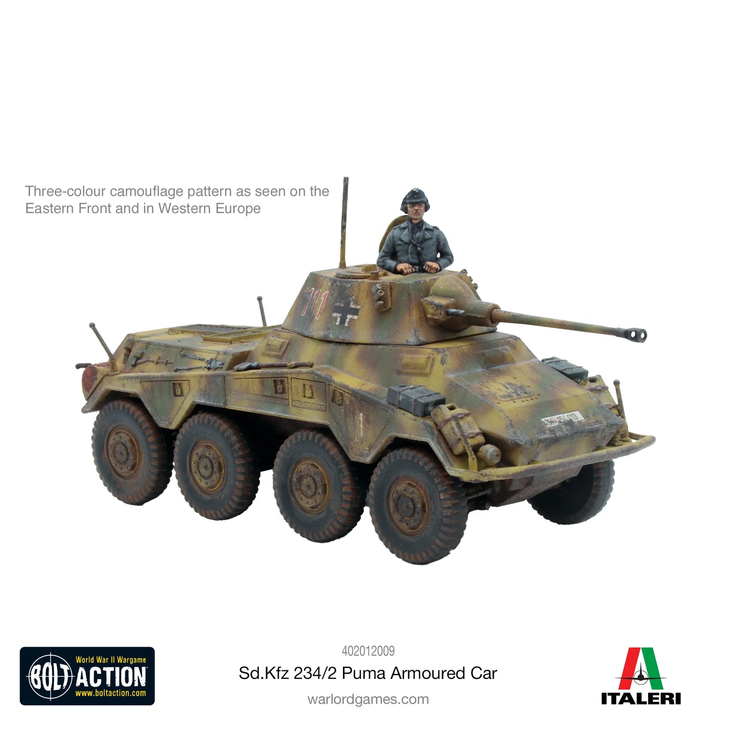 Puma Sd.Kfz 234/2 Armoured Car - Bolt Action 28mm - niemiecki samochód pancerny z zamkniętą wieżą i działkiem 5cm - kamuflaż trójkolorowy Front Wschodni - widok z przodu - skala 1/56 - Warlord Games