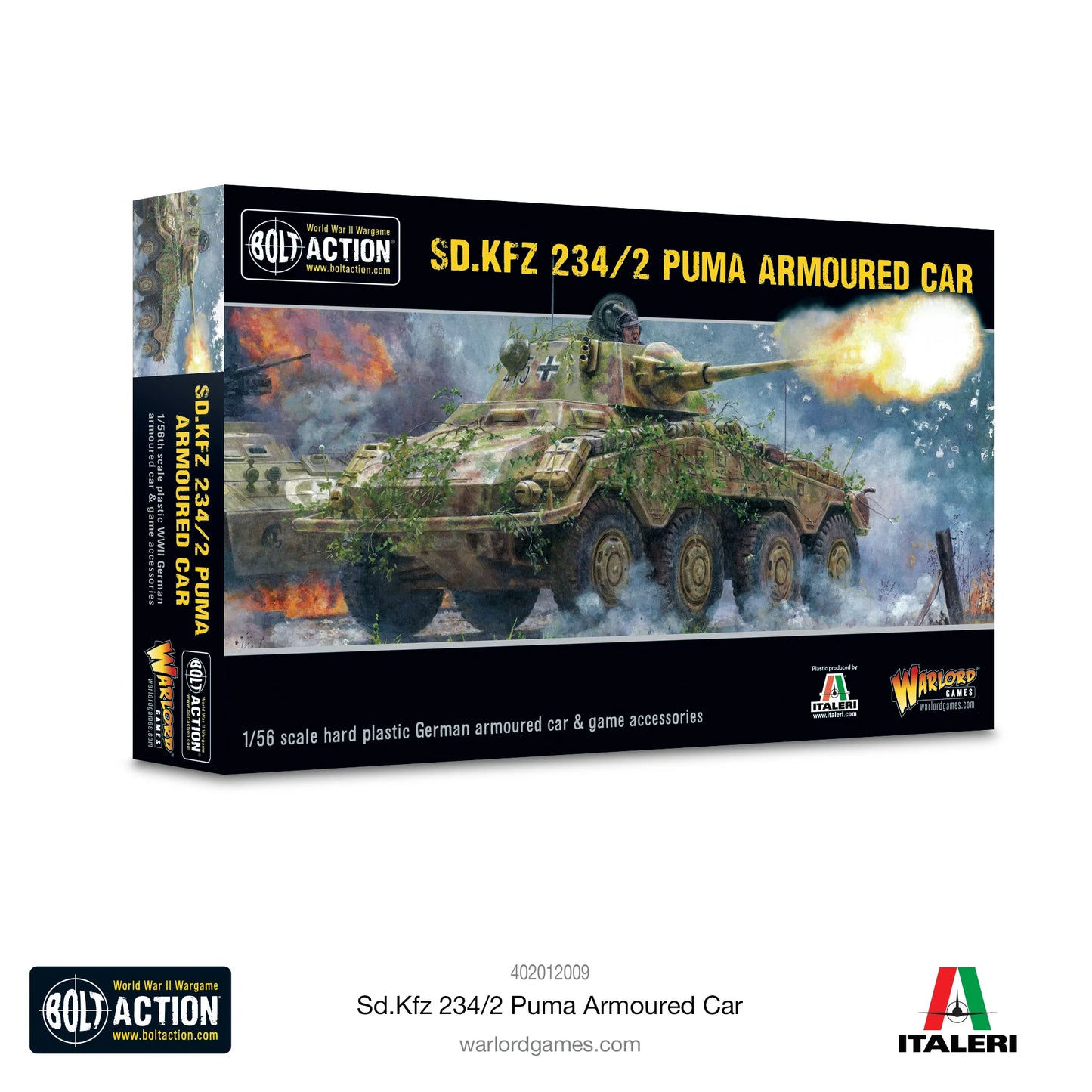 11: Puma Sd.Kfz 234/2 Armoured Car - Bolt Action 28mm - opakowanie produktu z ilustracją Pumy w akcji bojowej - niemiecki samochód pancerny skala 1/56 - Italeri & Warlord Games