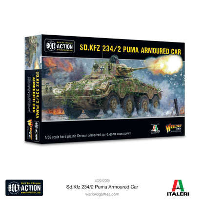 11: Puma Sd.Kfz 234/2 Armoured Car - Bolt Action 28mm - opakowanie produktu z ilustracją Pumy w akcji bojowej - niemiecki samochód pancerny skala 1/56 - Italeri & Warlord Games