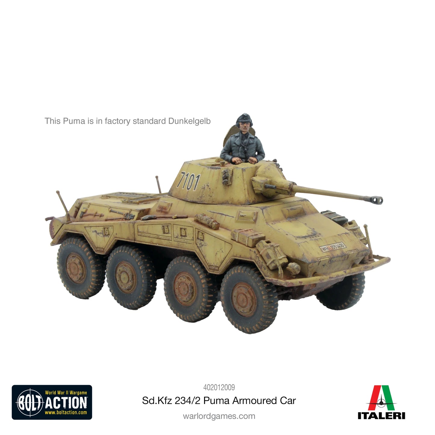 Puma Sd.Kfz 234/2 Armoured Car - Bolt Action 28mm - niemiecki samochód pancerny z figurką dowódcy - kamuflaż dunkelgelb fabryczny - widok z lewej strony - skala 1/56 - Warlord Games