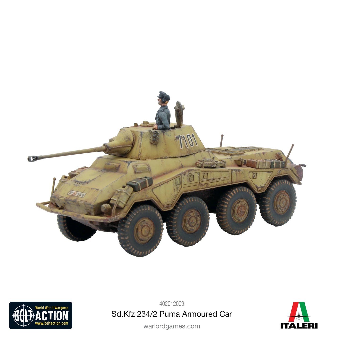 Puma Sd.Kfz 234/2 Armoured Car - Bolt Action 28mm - niemiecki samochód pancerny z figurką dowódcy i działkiem 5cm KwK 39/1 - kamuflaż dunkelgelb - widok z przodu - skala 1/56 - Warlord Games