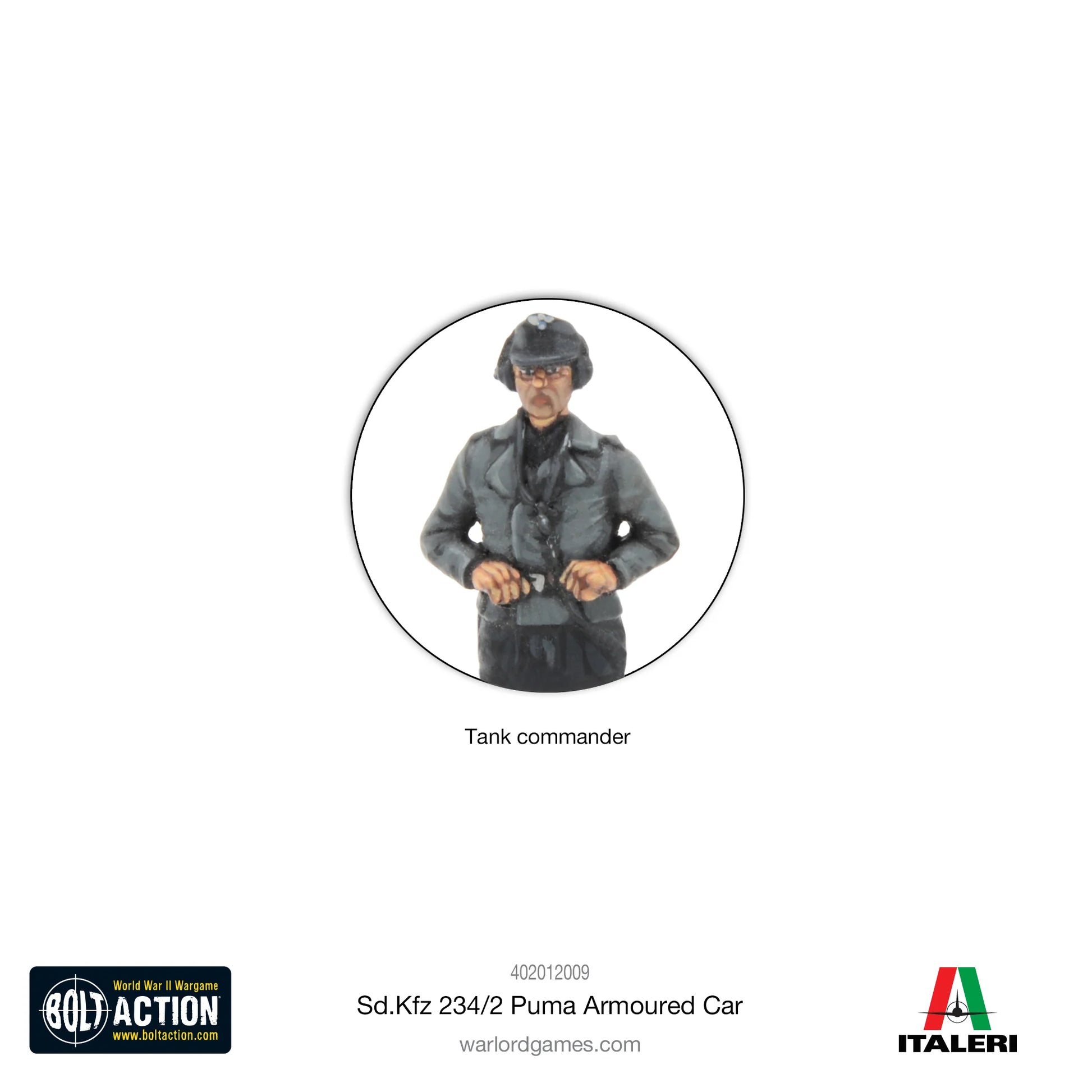 Puma Sd.Kfz 234/2 Armoured Car - Bolt Action 28mm - figurka dowódcy czołgu Wehrmacht w czarnym mundurze pancernym z hełmem - skala 1/56 - Warlord Games