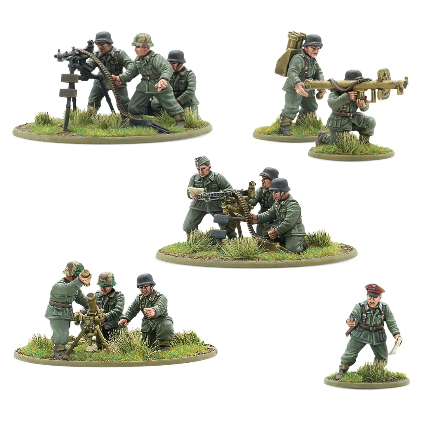 Warlord Games Cross of Iron – pluton broni ciężkiej Heer, widok z tyłu: MG42, Panzerschreck, moździez 8cm i oficer 28mm Bolt Action