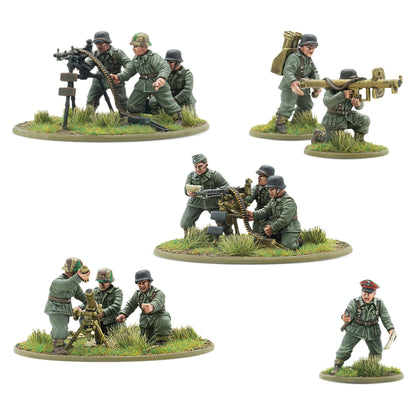Warlord Games Cross of Iron – pluton broni ciężkiej Heer, widok z tyłu: MG42, Panzerschreck, moździez 8cm i oficer 28mm Bolt Action