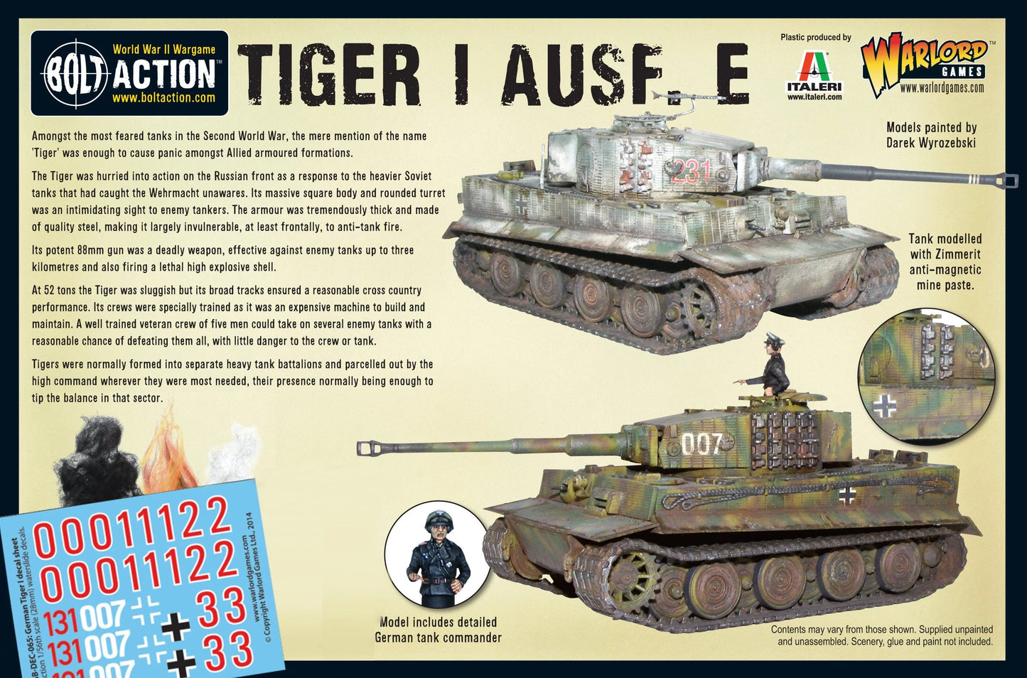 Tiger I Ausf E - Bolt Action 1/56 28mm - tył opakowania z historią Tiger I informacjami o modelu kalkomaniami i zdjęciami czołgu - Warlord Games