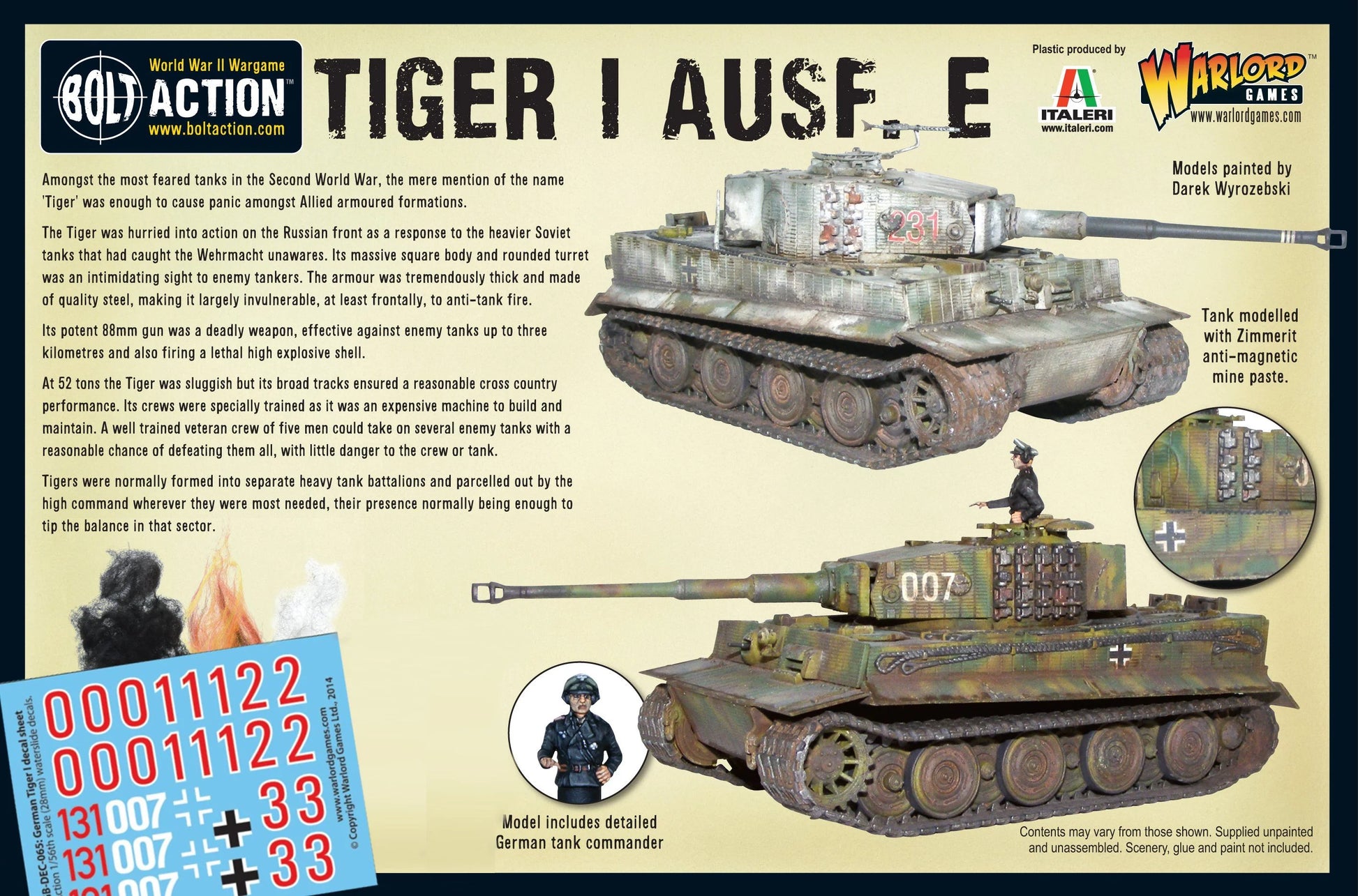 Tiger I Ausf E - Bolt Action 1/56 28mm - tył opakowania z historią Tiger I informacjami o modelu kalkomaniami i zdjęciami czołgu - Warlord Games