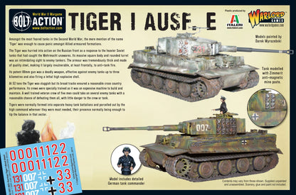 Tiger I Ausf E - Bolt Action 1/56 28mm - tył opakowania z historią Tiger I informacjami o modelu kalkomaniami i zdjęciami czołgu - Warlord Games