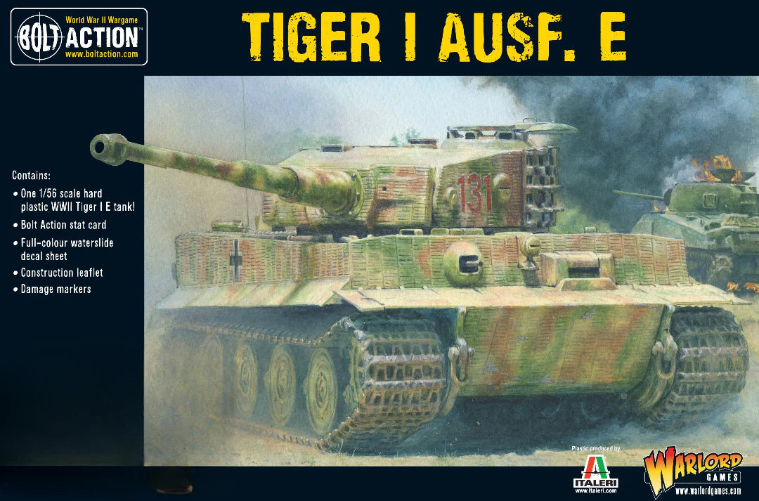 Tiger I Ausf E - Bolt Action 1/56 28mm - opakowanie pudełko z ilustracją czołgu ciężkiego Tiger w kamuflażu zimmerit - plastikowy model Italeri - Warlord Games
