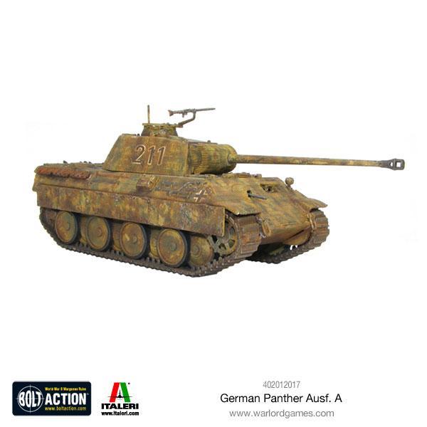 Panther Ausf A - Bolt Action 1/56 28mm - czołg średni z armatą 75mm KwK 42 L70 w dunkelgelb numer 211 - widok z przodu z pochylonym pancerzem - Warlord Games