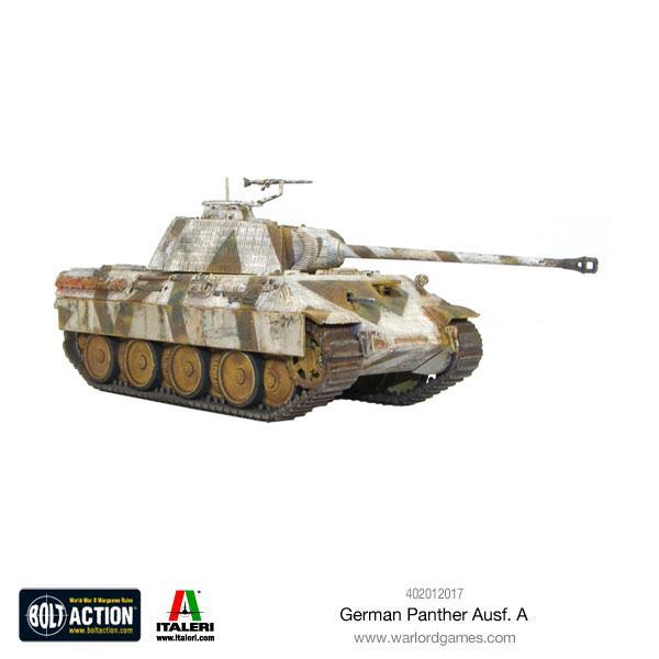  Panther Ausf A - Bolt Action 1/56 28mm - czołg średni w zimowym kamuflażu ambush biały zielony brązowy z armatą 75mm KwK 42 - widok z boku - Warlord Games