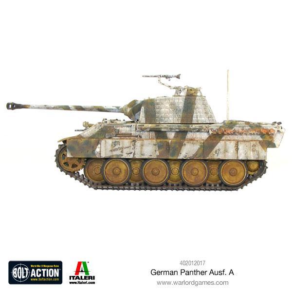 Panther Ausf A - Bolt Action 1/56 28mm - czołg średni w zimowym kamuflażu ambush z długą armatą 75mm KwK 42 L70 i anteną - widok z boku - Warlord Games