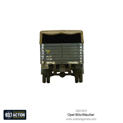 Opel Blitz - Bolt Action 1/56 28mm - ciężarówka Wehrmacht z plandeką otwartą z tyłu feldgrau z numerem WH 202351 i znakami dywizji - widok z tyłu - Warlord Games