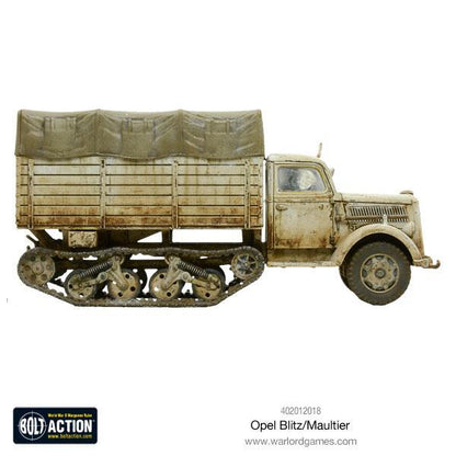 Opel Maultier - Bolt Action 1/56 28mm - półgąsienicowa ciężarówka Wehrmacht z gąsienicami Panzer I w kamuflażu pustynnym z plandeką i efektami weathering - widok z boku - Warlord Games