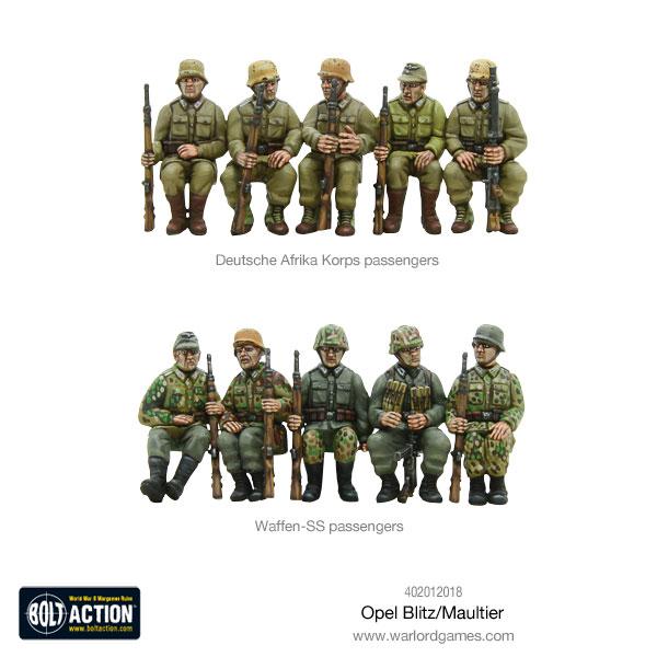Opel Blitz Maultier - Bolt Action 1/56 28mm - plastikowa siedzącą piechota pasażerowie Deutsche Afrika Korps tropikalne mundury i Waffen-SS kamuflaż - dziesięciu żołnierzy z karabinami - Warlord Games