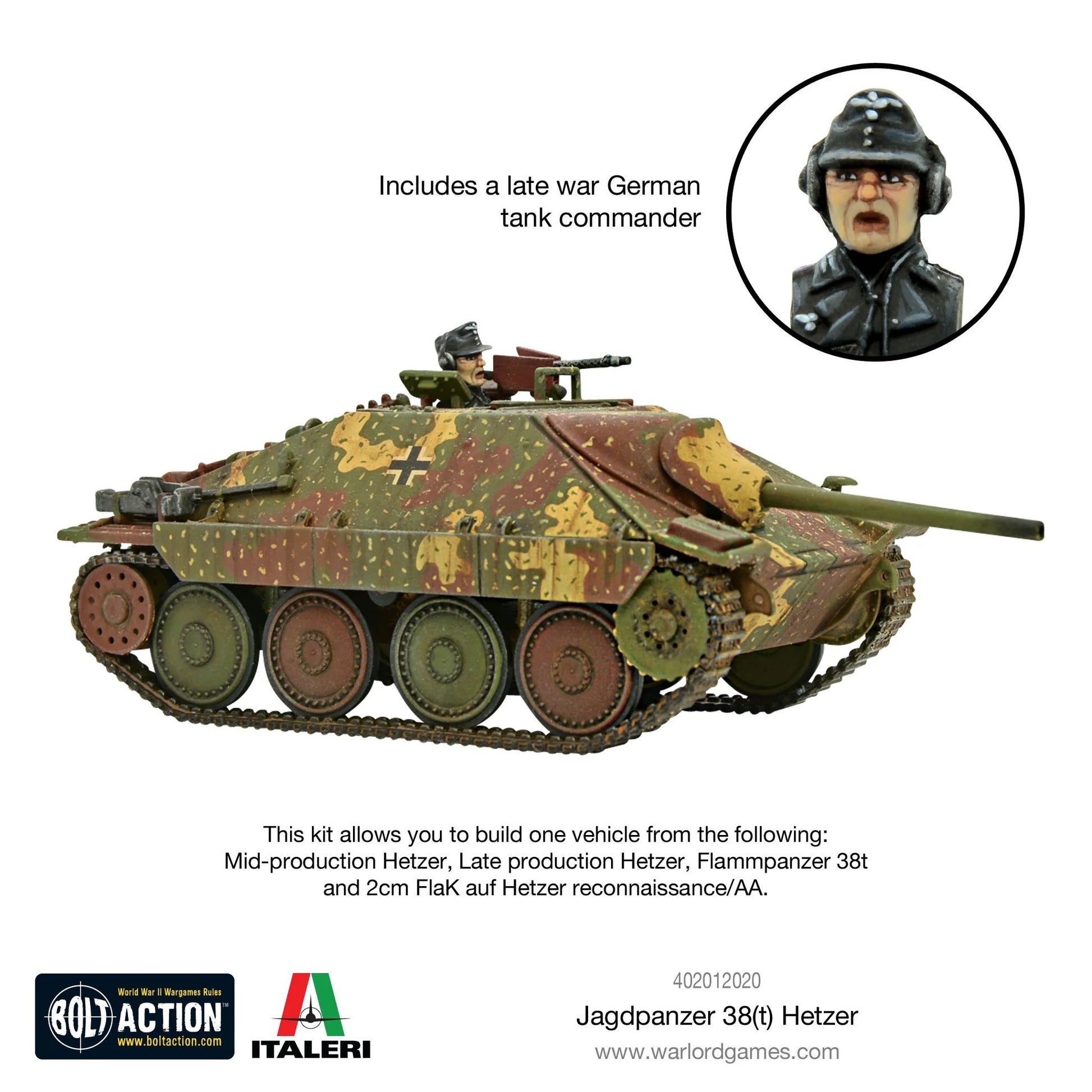 Jagdpanzer 38(t) Hetzer - Bolt Action 1/56 28mm - niszczyciel czołgów z armatą 75mm Pak 39 L/48 w kamuflażu ambush z dowódcą i karabinem maszynowym - widok z boku - Warlord Games