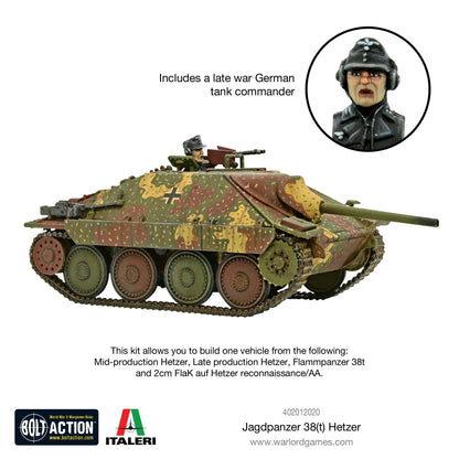 Jagdpanzer 38(t) Hetzer - Bolt Action 1/56 28mm - niszczyciel czołgów z armatą 75mm Pak 39 L/48 w kamuflażu ambush z dowódcą i karabinem maszynowym - widok z boku - Warlord Games