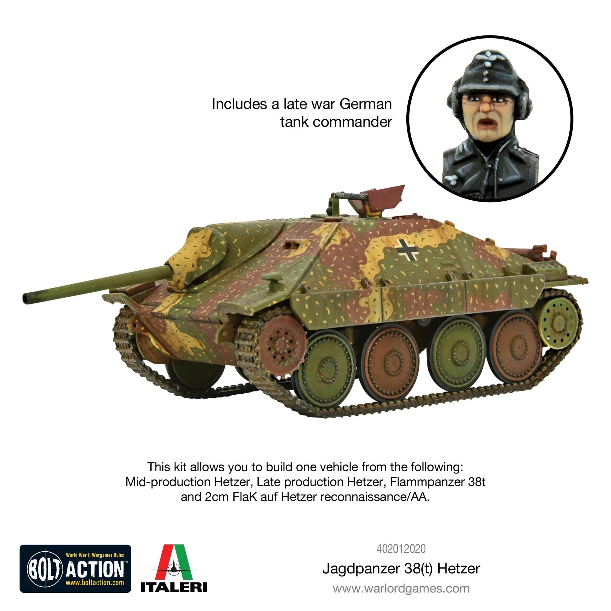  Jagdpanzer 38(t) Hetzer - Bolt Action 1/56 28mm - niszczyciel czołgów z armatą 75mm Pak 39 L/48 w kamuflażu ambush z dowódcą - widok z boku z trzema czwartymi - Warlord Games
