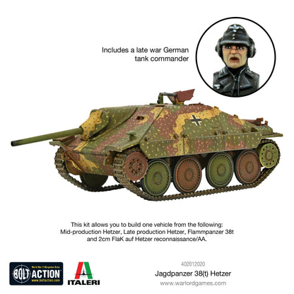  Jagdpanzer 38(t) Hetzer - Bolt Action 1/56 28mm - niszczyciel czołgów z armatą 75mm Pak 39 L/48 w kamuflażu ambush z dowódcą - widok z boku z trzema czwartymi - Warlord Games