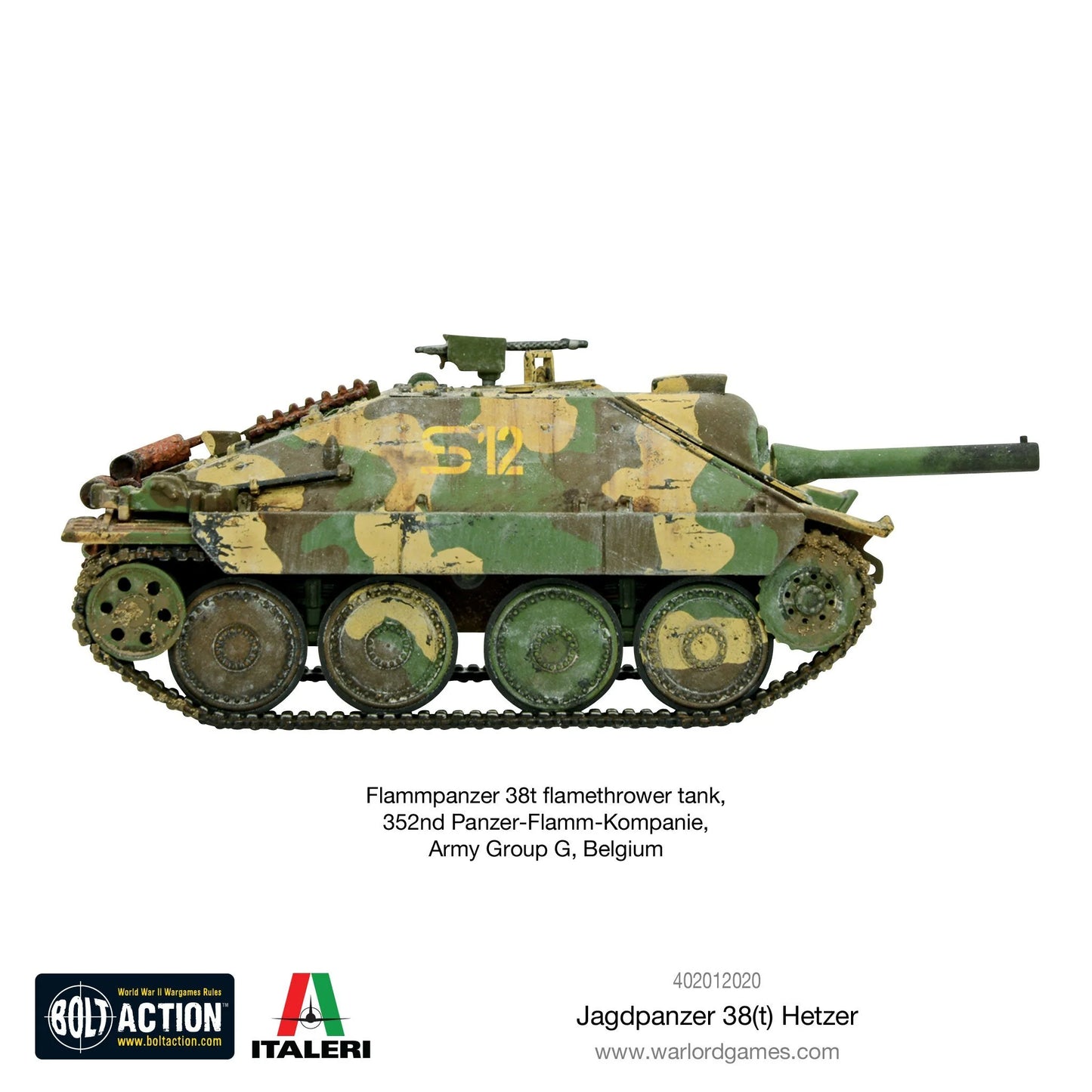 Flammpanzer 38(t) - Bolt Action 1/56 28mm - czołg z miotaczem ognia w kamuflażu ambush numer 512 z wyposażeniem - 352nd Panzer-Flamm-Kompanie Army Group G Belgia - Warlord Games