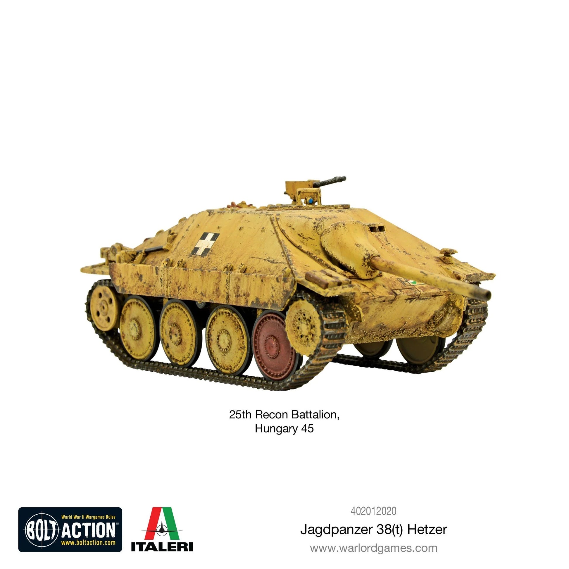Jagdpanzer 38(t) Hetzer - Bolt Action 1/56 28mm - niszczyciel czołgów w kamuflażu dunkelgelb z efektami weathering i karabinem maszynowym - 25th Recon Battalion Węgry 1945 - Warlord Games