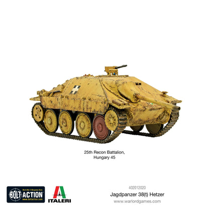 Jagdpanzer 38(t) Hetzer - Bolt Action 1/56 28mm - niszczyciel czołgów w kamuflażu dunkelgelb z efektami weathering i karabinem maszynowym - 25th Recon Battalion Węgry 1945 - Warlord Games