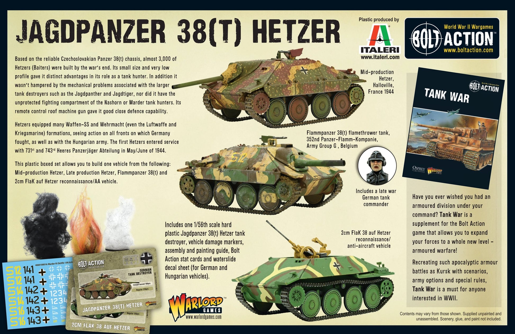 Jagdpanzer 38(t) Hetzer - Bolt Action 1/56 28mm - tył opakowania z historią trzema wariantami Hetzer Flammpanzer 2cm FlaK dowódcą niemieckim i informacjami o Tank War - Warlord Games