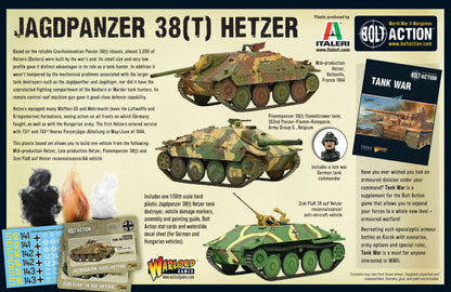 Jagdpanzer 38(t) Hetzer - Bolt Action 1/56 28mm - tył opakowania z historią trzema wariantami Hetzer Flammpanzer 2cm FlaK dowódcą niemieckim i informacjami o Tank War - Warlord Games