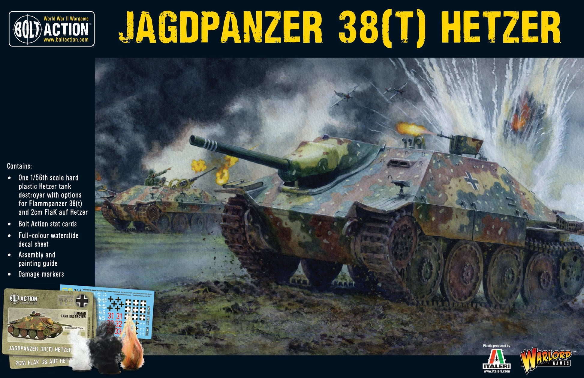 Jagdpanzer 38(t) Hetzer - Bolt Action 1/56 28mm - opakowanie pudełko z ilustracją niszczyciel czołgów w kamuflażu ambush w walce - plastikowy model Italeri - Warlord Games