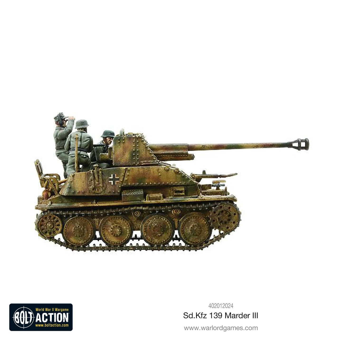 Marder III Sd.Kfz 139 - Bolt Action 1/56 28mm - niszczyciel czołgów z długą armatą 76,2mm PaK 36(r) L/51 w kamuflażu ambush z trzema członkami załogi - widok z boku - Warlord Games