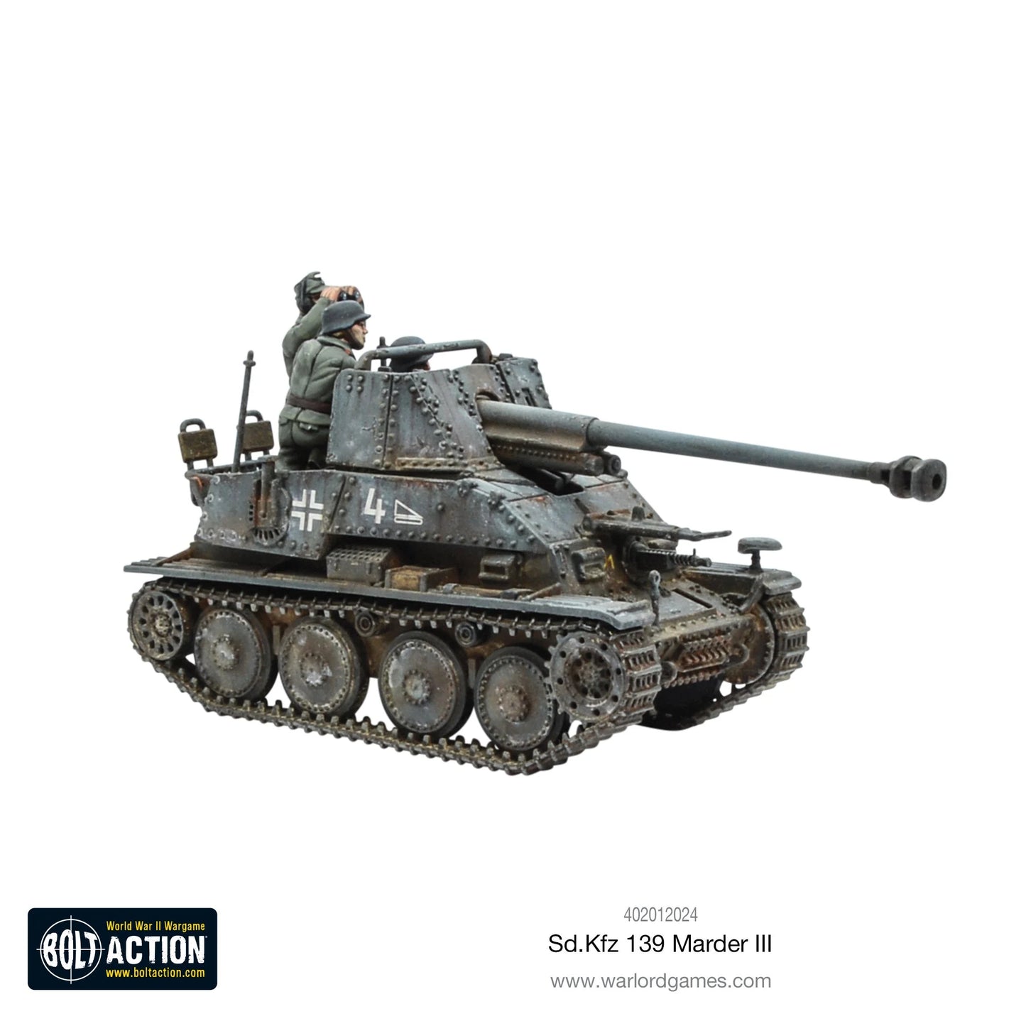 Marder III Sd.Kfz 139 - Bolt Action 1/56 28mm - niszczyciel czołgów z armatą 76,2mm PaK 36(r) w kamuflażu szarym numer 4 z dwoma członkami załogi - widok z boku z trzema czwartymi - Warlord Games
