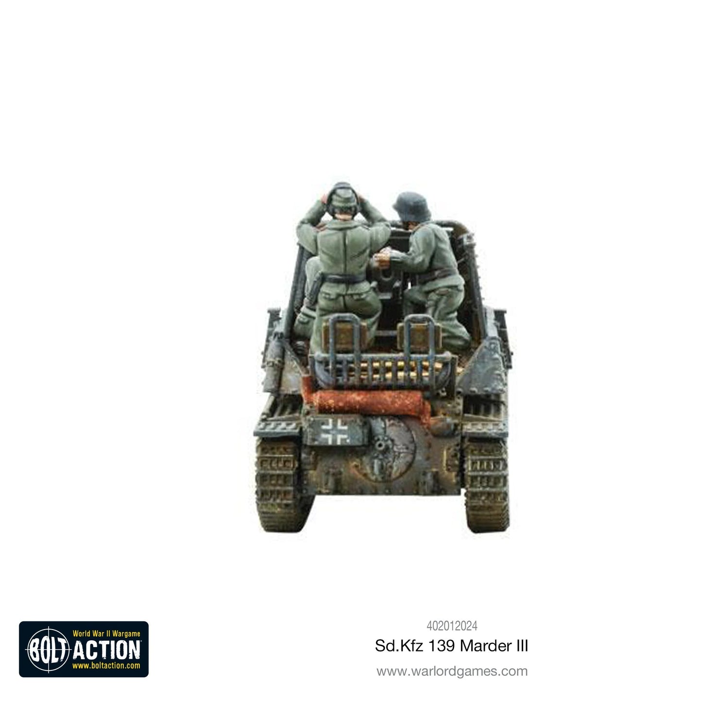 1. Marder III Sd.Kfz 139 - Bolt Action 1/56 28mm - niszczyciel czołgów z armatą 76,2mm PaK 36(r) w kamuflażu szarym z dwoma członkami załogi - widok z tyłu z otwartym przedziałem bojowym - Warlord Games