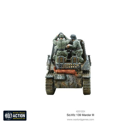 1. Marder III Sd.Kfz 139 - Bolt Action 1/56 28mm - niszczyciel czołgów z armatą 76,2mm PaK 36(r) w kamuflażu szarym z dwoma członkami załogi - widok z tyłu z otwartym przedziałem bojowym - Warlord Games