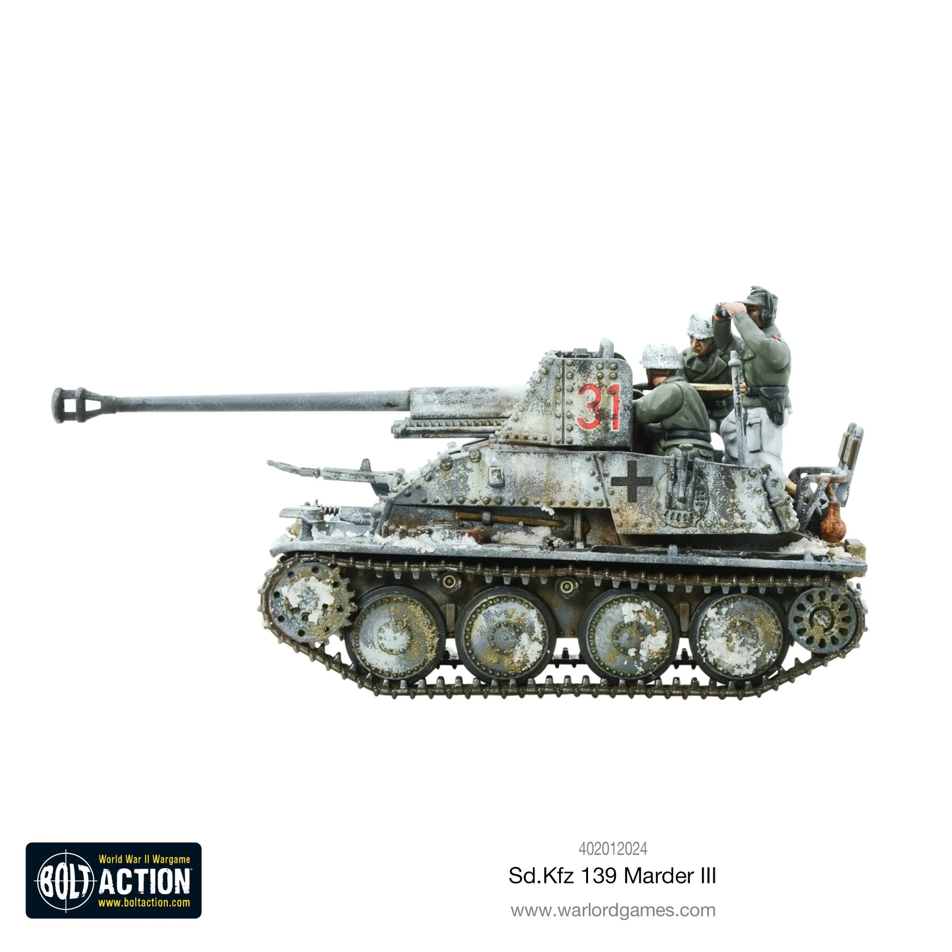 Marder III Sd.Kfz 139 - Bolt Action 1/56 28mm - niszczyciel czołgów z armatą 76,2mm PaK 36(r) w zimowym kamuflażu białym z trzema członkami załogi - widok z boku z efektami weathering - Warlord Games