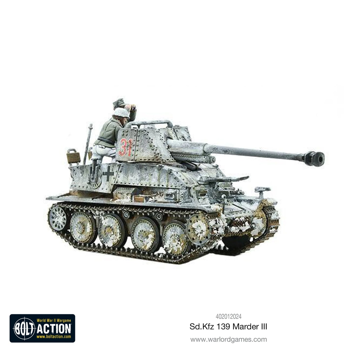 Marder III Sd.Kfz 139 - Bolt Action 1/56 28mm - niszczyciel czołgów z armatą 76,2mm PaK 36(r) w zimowym kamuflażu białym z dowódcą i efektami weathering śnieg błoto - widok z boku - Warlord Games